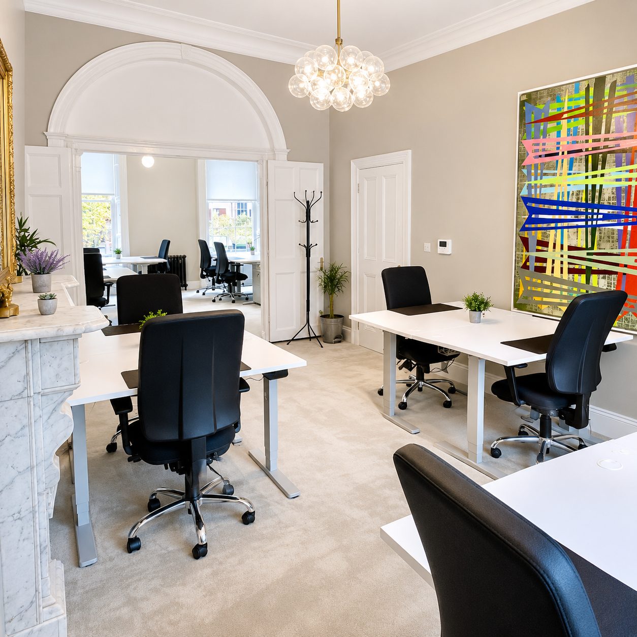 Serviced office interior in a Dublin 2 Georgian building with furnished desks and natural daylight
